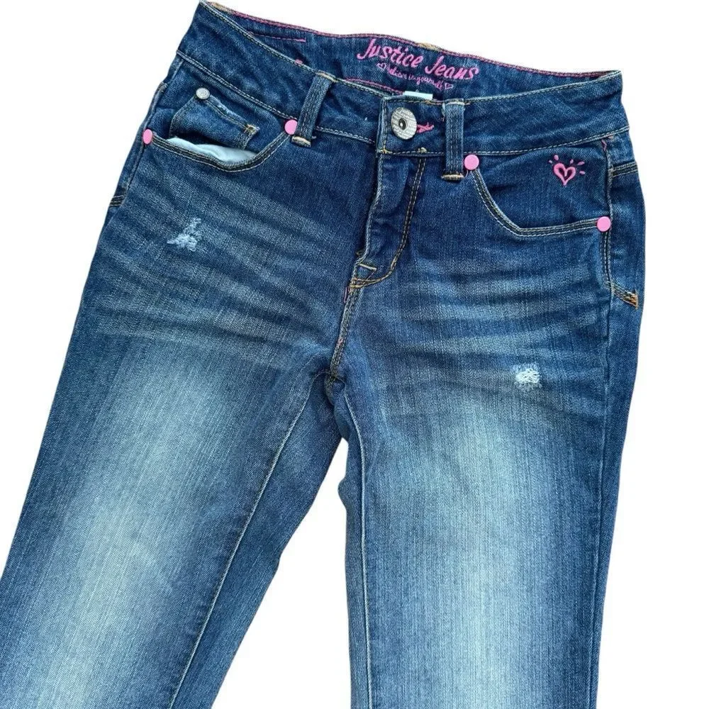 Y2K Justice Blue Denim Jeans Straight Rolled Up Cuff Faded Distressed 12S